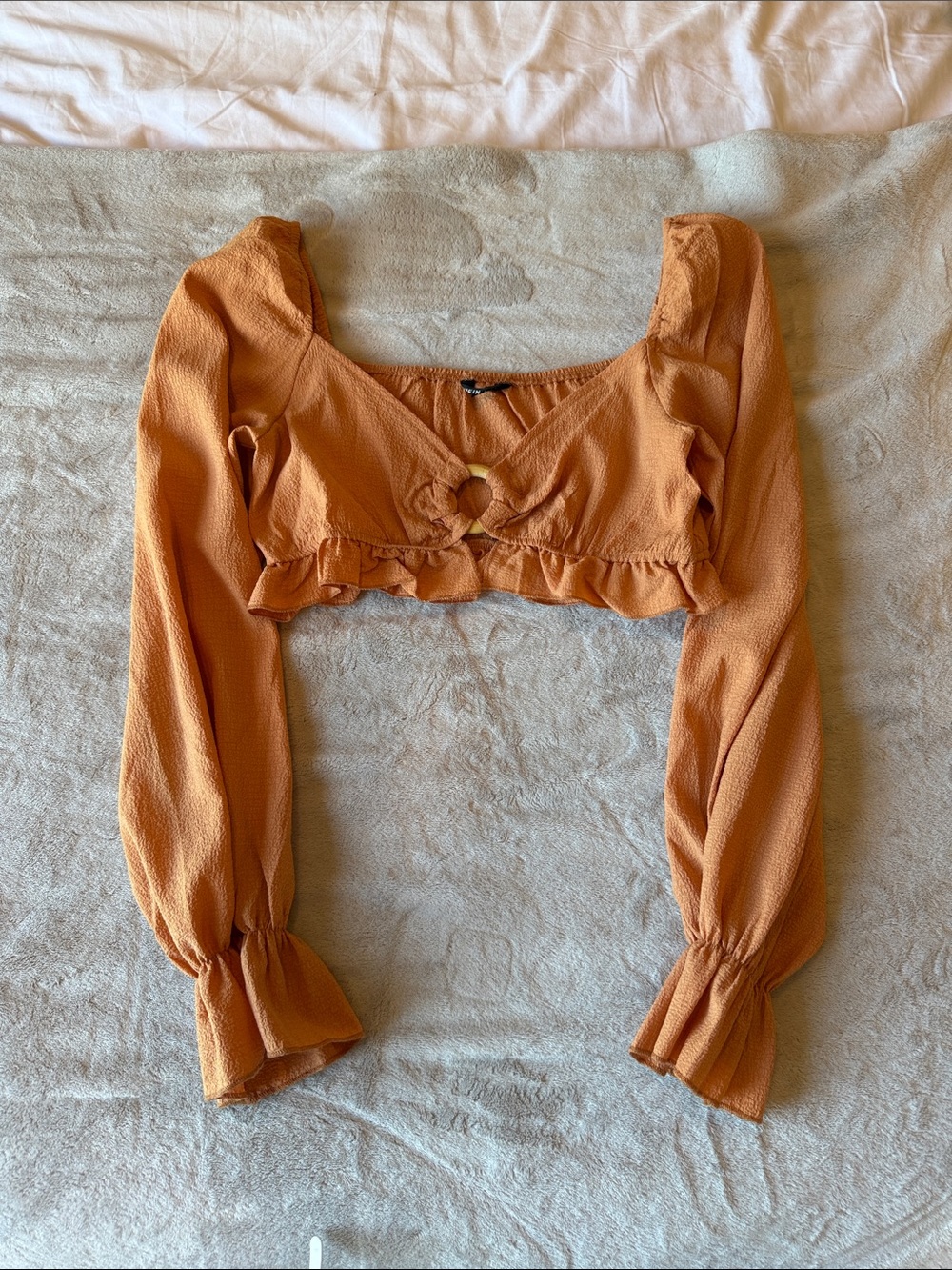 Long Sleeve Crop Top with Ring Front - Rust Orange